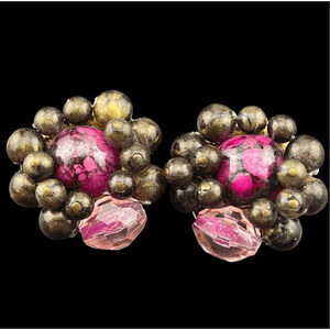 Vintage Germany Marbled Pink & Gold Tone Beaded Cluster Clip On Earrings Signed